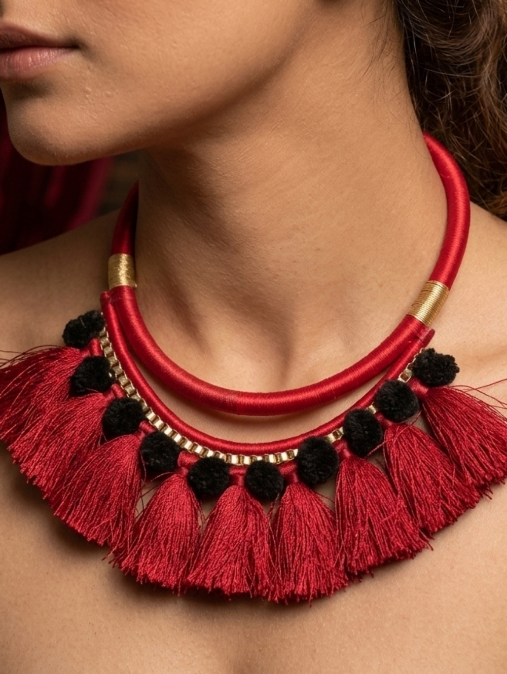 Handmade Red Silk Thread Tassel Choker Necklace 9"-12" Unique Boho